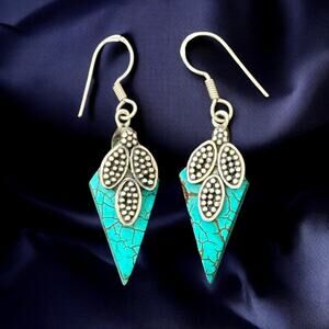 VTG Artisan Crafted Turquoise Spear Sterling Silver Dangle Earrings Stamped 925